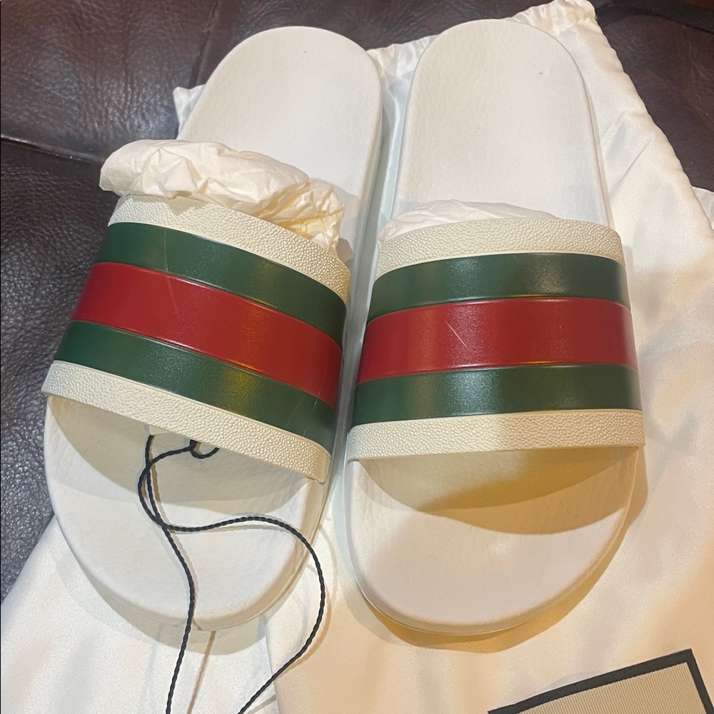 Gucci White Slides with Green and Red Accents